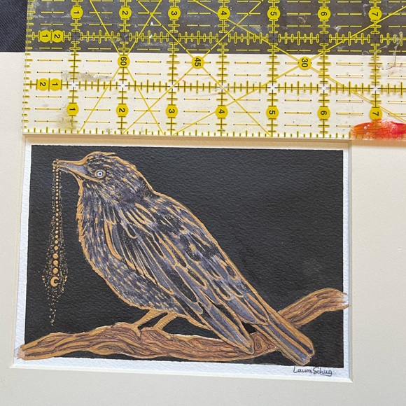 Original art watercolor ink gold bird raven crow mystical witchy moon academia - Picture 13 of 13